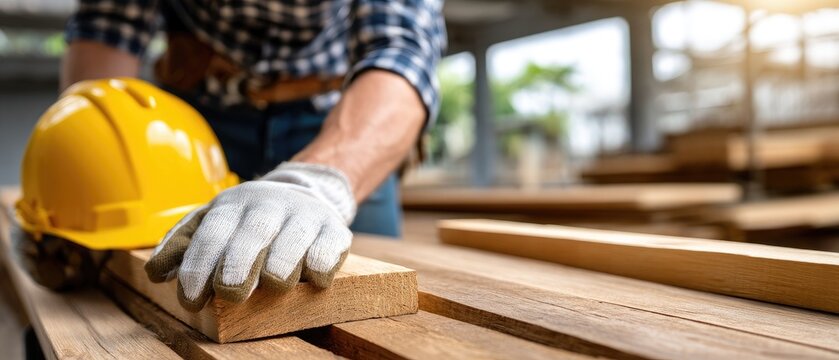A construction worker rests their hand on a wooden surface, wearing gloves and a hard hat, in a vibrant, green setting