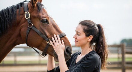 Affectionate young woman gently caressing a brown horse's face. Human and animal connection concept. Equestrian lifestyle at an outdoor ranch.