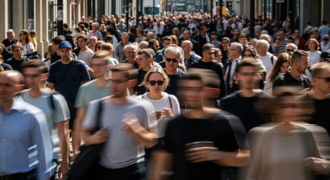 Crowd of people walking on a busy city street with motion blur. The hustle and bustle of urban life. Anonymity and population concept
