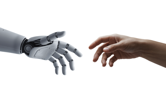 Robotic and Human Hand Reaching for a Handshake Symbolizing Collaboration, Partnership, Artificial Intelligence, and the Future of Work