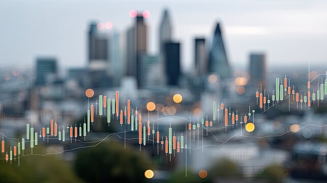 Financial charts lay on a table as vehicles move by. Tall buildings stand in the background under warm afternoon light