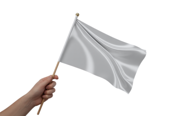 White Flag Waving on a Wooden Pole Held by a Human Hand Isolated on a Clean White Background Symbolizing Peace or Surrender