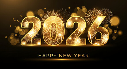 Golden 2026 numbers with fireworks and bokeh lights new year happy new year 1
