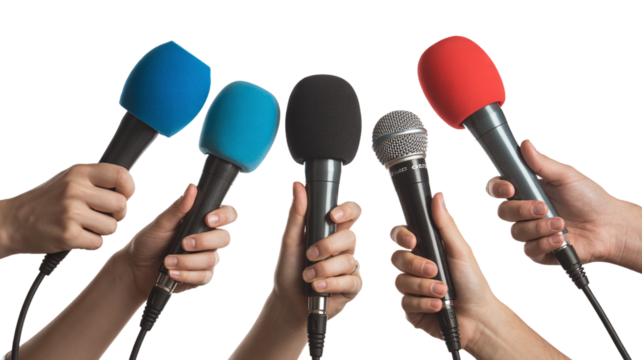 Group of Hands Holding Five Colorful Microphones with Foam Covers Ready for Press Conference, News Interview, or Public Speaking Event