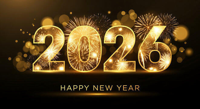 Golden 2026 numbers with fireworks and bokeh lights new year happy new year 1