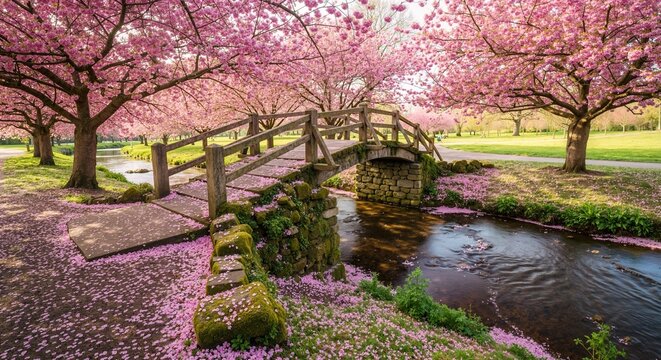 A wooden footbridge over a stream in a park with blooming pink cherry blossom trees. Idyllic spring landscape with sakura flowers and fallen petals - Powered by Adobe