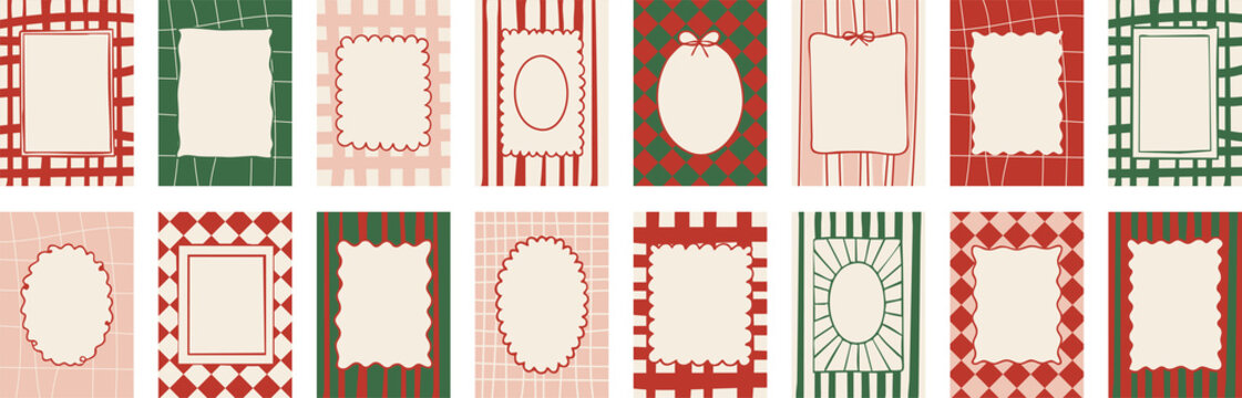 Set of Christmas geometric frames with wavy, oval, and rectangular shapes on plaid and striped red, green, and beige backgrounds. Perfect for holiday cards and designs