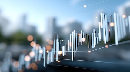 Complex data lines illustrate significant trends as twilight settles over the dynamic urban skyline, suggesting movement and change