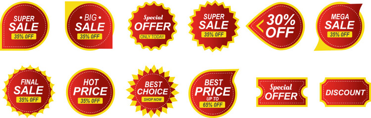 Set of Sale badges. Vintage sale quality tags, labels, sale banner promotions, special offer, discount, Black Friday and colorful sticker design. Vector illustration.