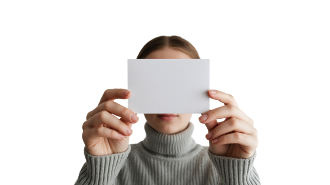 Female Hands Holding a Horizontal Blank White Business Card or Rectangle Placard Isolated on a White Background Ready for Text and Copy