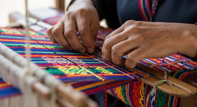 Close-up of artisan hands weaving a colorful textile on a traditional wooden loom. Detailed view of a hand-weaving process with intricate patterns. Handmade craft and cultural heritage concept - Powered by Adobe