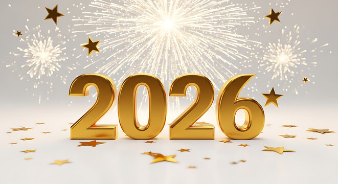 Golden 2026 numbers with fireworks and star confetti new year celebration