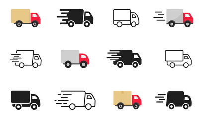 Delivery Truck icon set. Express delivery trucks icons. Fast shipping truck. Free delivery 24 hours. Logistic trucking sign. Vector illustration.