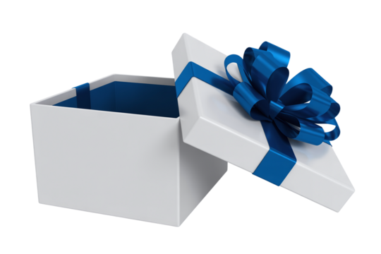 Open White Gift Box Tied with a Luxurious Blue Satin Ribbon Bow Isolated on a Clean White Background Ready for a Surprise