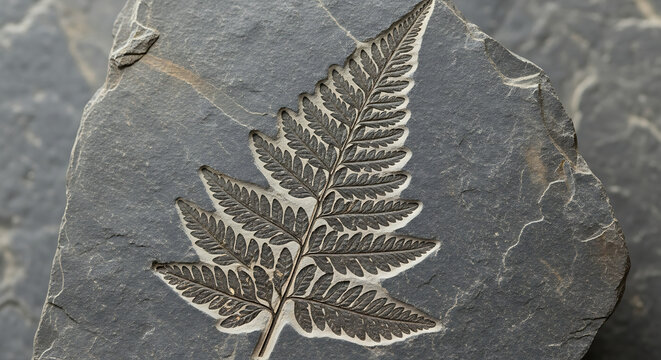 A close up shot of a fossilized fern leaf embedded in a dark gray sedimentary rock formation sample