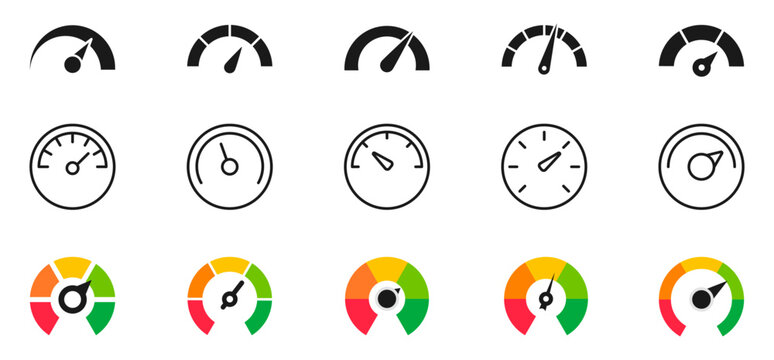 Speedometer icon set. Speed indicator. Gauge, dashboard, tachometer, scale. Speedometer icon with arrow. Vector illustration.