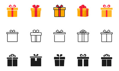 Gift box icons set. Gift boxes with ribbon. Surprise gift boxes icon. Present sign. Vector illustration.