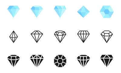 Diamond icon set. Different brilliant icon. Collection gemstone icons. Crystal symbol. Vector illustration.