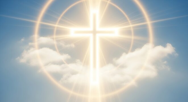 Glowing cross in the sky with clouds, a symbol of faith and divine light