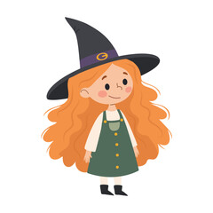 Cute little girl in a witch costume. Little witch. Halloween. Children's vector illustration on a white background.