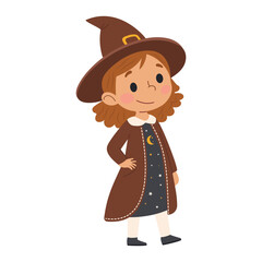 Cute little girl in a witch costume. Little witch. Halloween. Children's vector illustration on a white background.