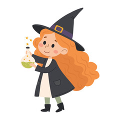 Cute girl in witch costume holding magic potion. Vector illustration.