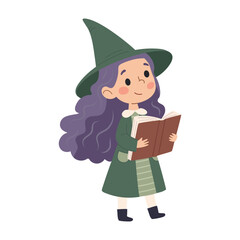 Cute little girl in a witch costume. Little witch. Halloween. Children's vector illustration on a white background.