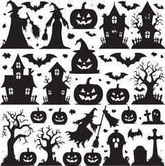 Spooky Halloween silhouette collection with witches, bats, haunted houses, and graves set on white background