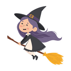 Cute Little Witch Flying on a Broomstick . Halloween. Children's vector illustration on a white background.