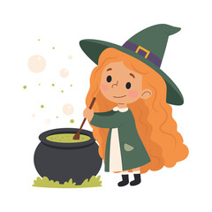 A little witch is brewing a potion in a cauldron.Cute Little Red Haired Girl in Witch Costume Vector Illustration