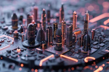 A futuristic cityscape features tall skyscrapers made of glowing data, showcasing a blend of technology and architecture. Bright neon lights enhance the nighttime atmosphere