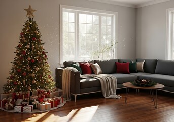 Obraz premium Cozy Christmas Living Room A Festive Interior with a Decorated Tree and Gifts for the Holidays