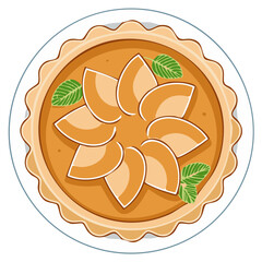 Freshly Baked Tart Slice with Ripe Peach Slices and Green Mint Leaves on Plate Food Illustration