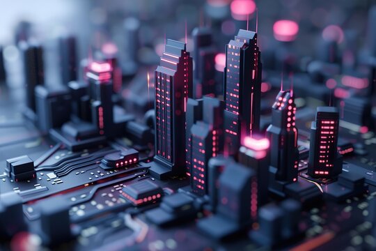 A vibrant cityscape features glowing skyscrapers made of data, illuminating a dark background. The scene represents a blend of technology and urban design in a futuristic setting