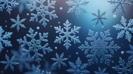 Detailed snowflakes falling in a winter scene, transparent png, isolated from background.
