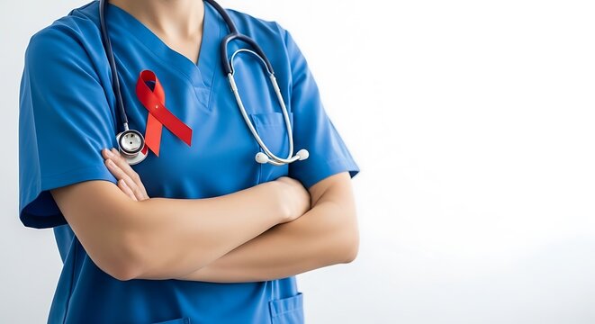 Healthcare professional wearing a red ribbon for world aids day awareness and support - Powered by Adobe