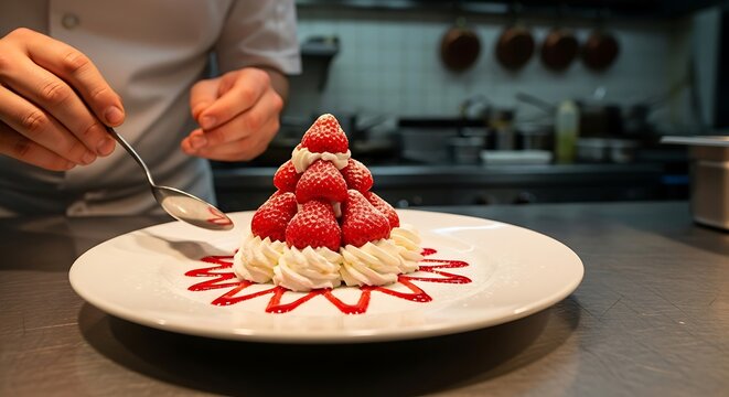 A skilled chef in a professional kitchen artfully arranges a delicious strawberry and whipped cream pyramid dessert on a decorated plate