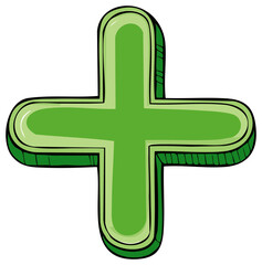 Fototapeta premium Green plus sign, 3D effect, hand-drawn, isolated on white