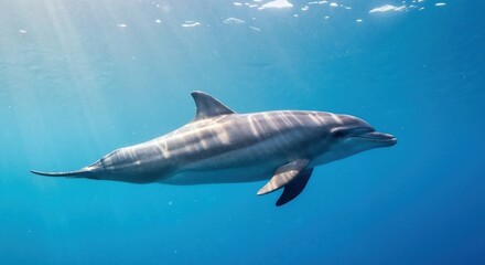 Fototapeta premium Graceful dolphin swimming in clear blue water. Underwater wildlife photography with sunlight filtering from the surface
