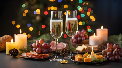 Two glasses of champagne await a celebration with festive lights, grapes, cheese, and candles, transparent png, isolated.