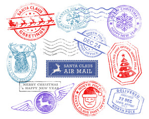 Santa claus postmarks. Vector grunge post Stamps collection