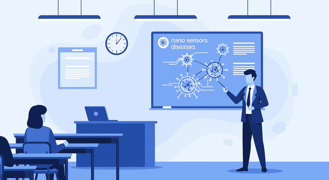 Illustration of a science lecture about nano sensors, diseases and technology in classroom - Powered by Adobe