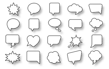 Variety of comic speech bubbles with halftone shadows