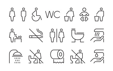 Toilet line icon set. Vector WC sign Symbol set. Man, woman, shower, mother with baby, handicap symbol. Restroom for male, female, disabled pictograms. No smoking, do not throw trash in toilet bowl