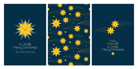 Cute christmas and happy new year holiday cover template vector set. Gold twinkling star, meteor, cloud on navy blue background