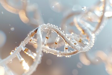 A beautifully crafted DNA helix made of glass reflects light and showcases intricate details. The ethereal design illustrates the blend of science and art in a captivating way