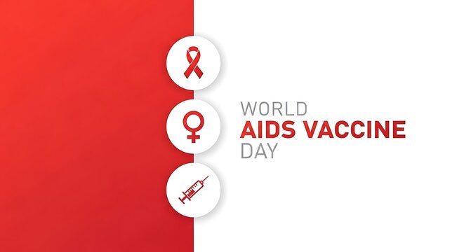 World aids vaccine day with red ribbon, female symbol, and syringe icons on red and white background