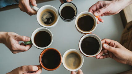 Many hands hold cups of hot coffee in a circle toast. Transparent PNG isolated.