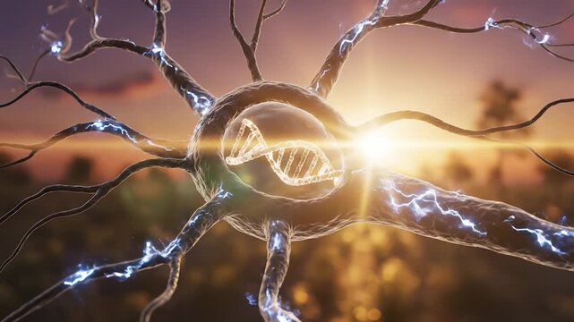 A glowing neuron emerges against a stunning sunset background, symbolizing brain activity and connection. The neuron showcases intricate details and vibrant electricity flowing thr
