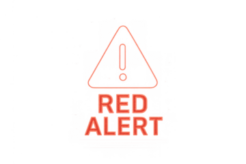 Red alert neon warning sign with glowing exclamation mark triangle displaying urgent notification on transparent background